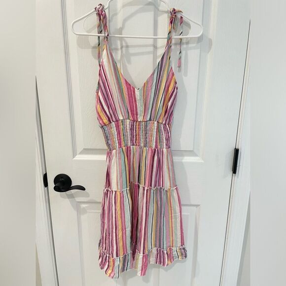 Dresses & Skirts - Main Strip Striped Tiered Tie Strap Mini A Line V Neck Dress Women’s Size S
